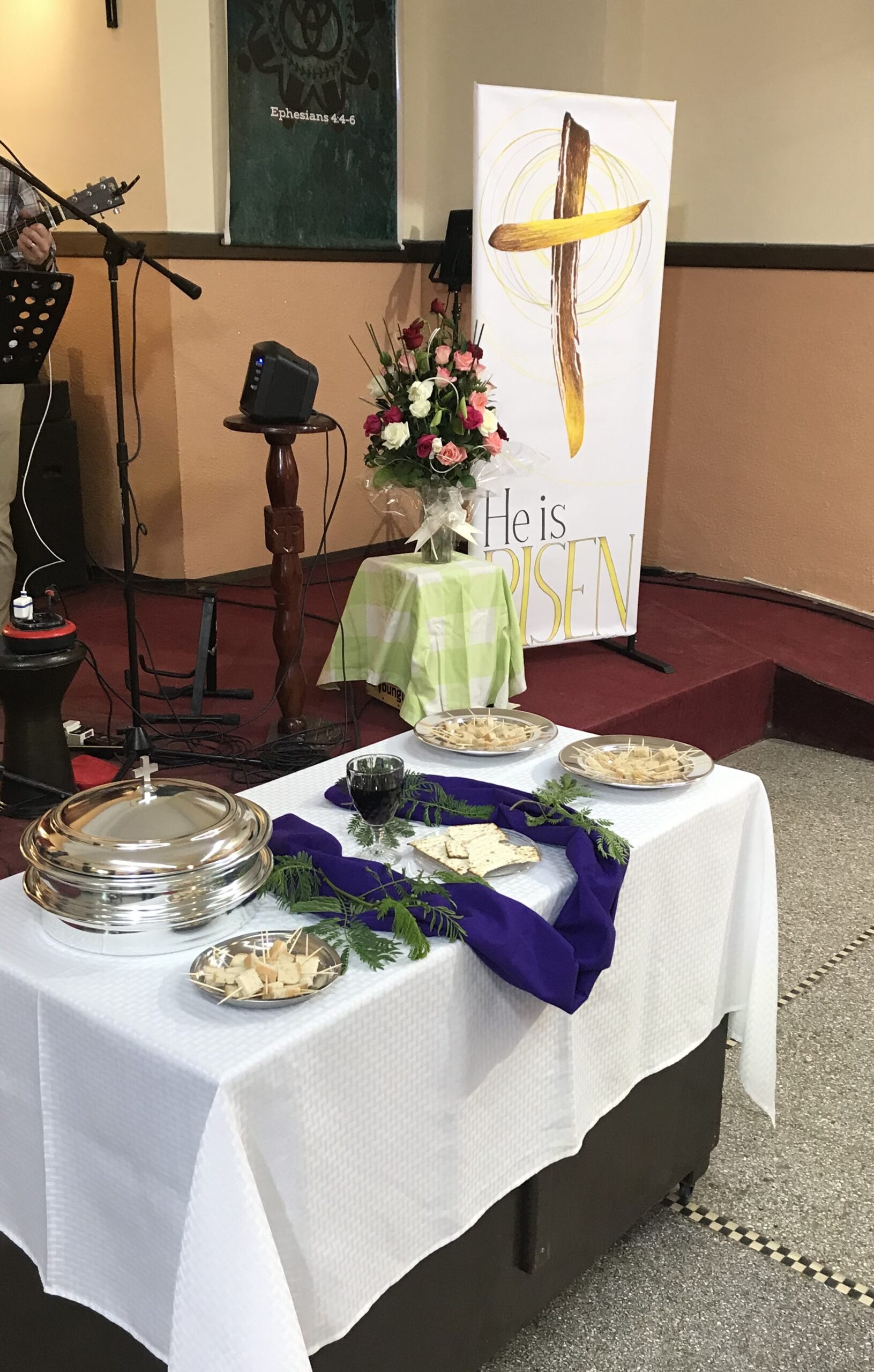The front of the church, decorated for Easter communion.